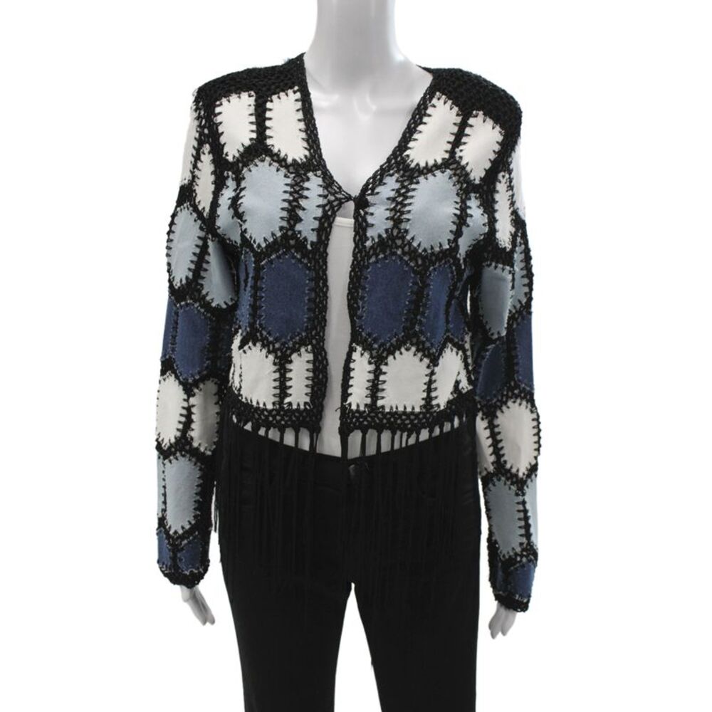 Adore Women Cardigan Black Geometric V-Neck Long Sleeve Cotton Boho Size L